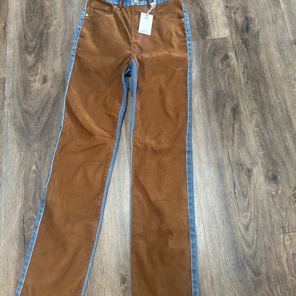 Good American Straight Leg Jeans with faux suede front and back pockets